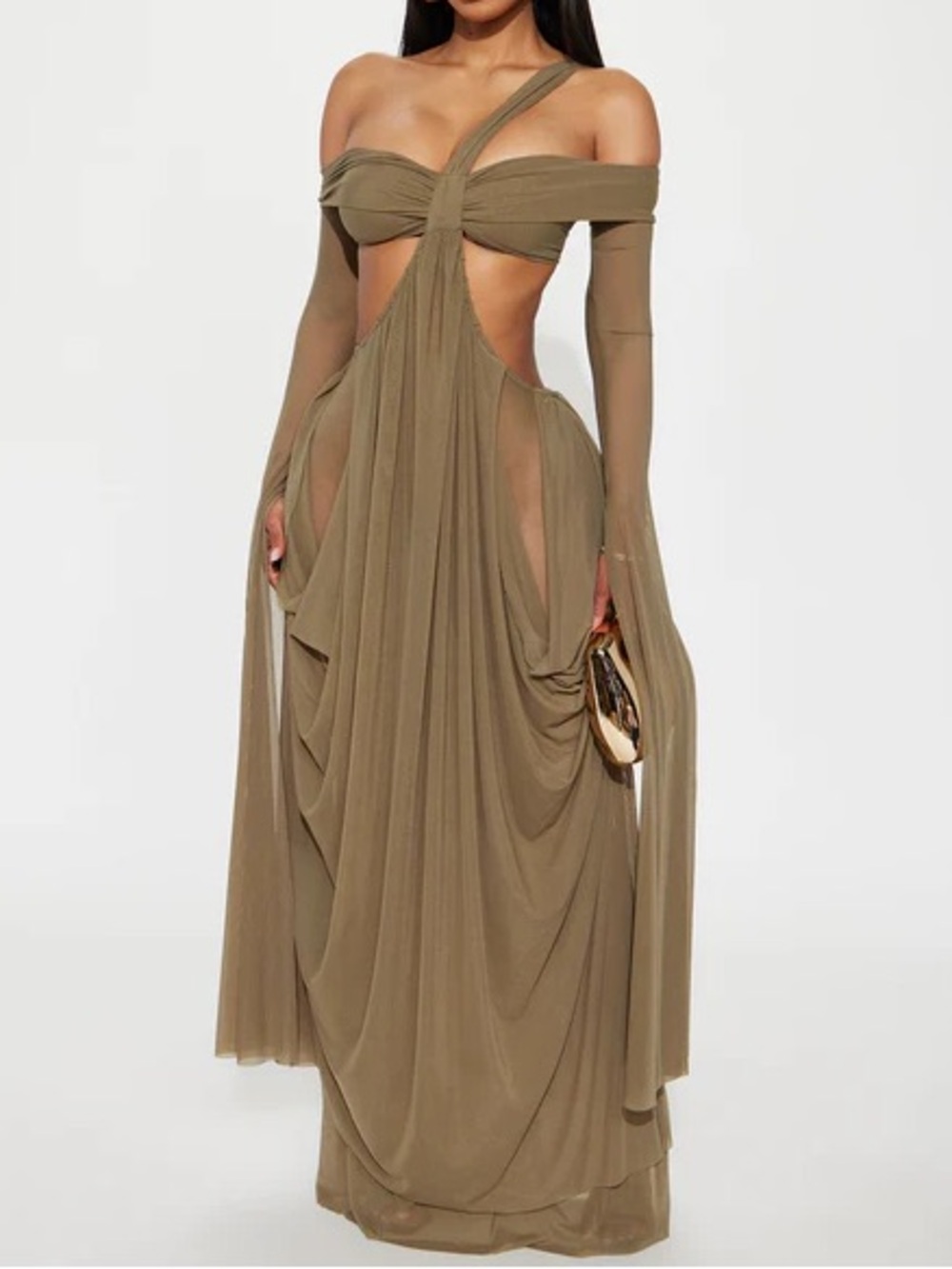 Olive Cutout Draped Maxi Dress - Picture 2 of 5